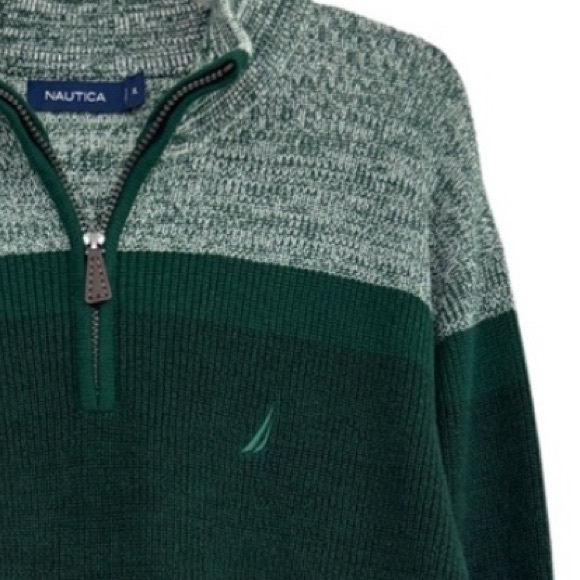 Nautica Quarter Zip Sweater Luxury Knit Colorblock Stripe Green Gray Men Size XL - Picture 6 of 16